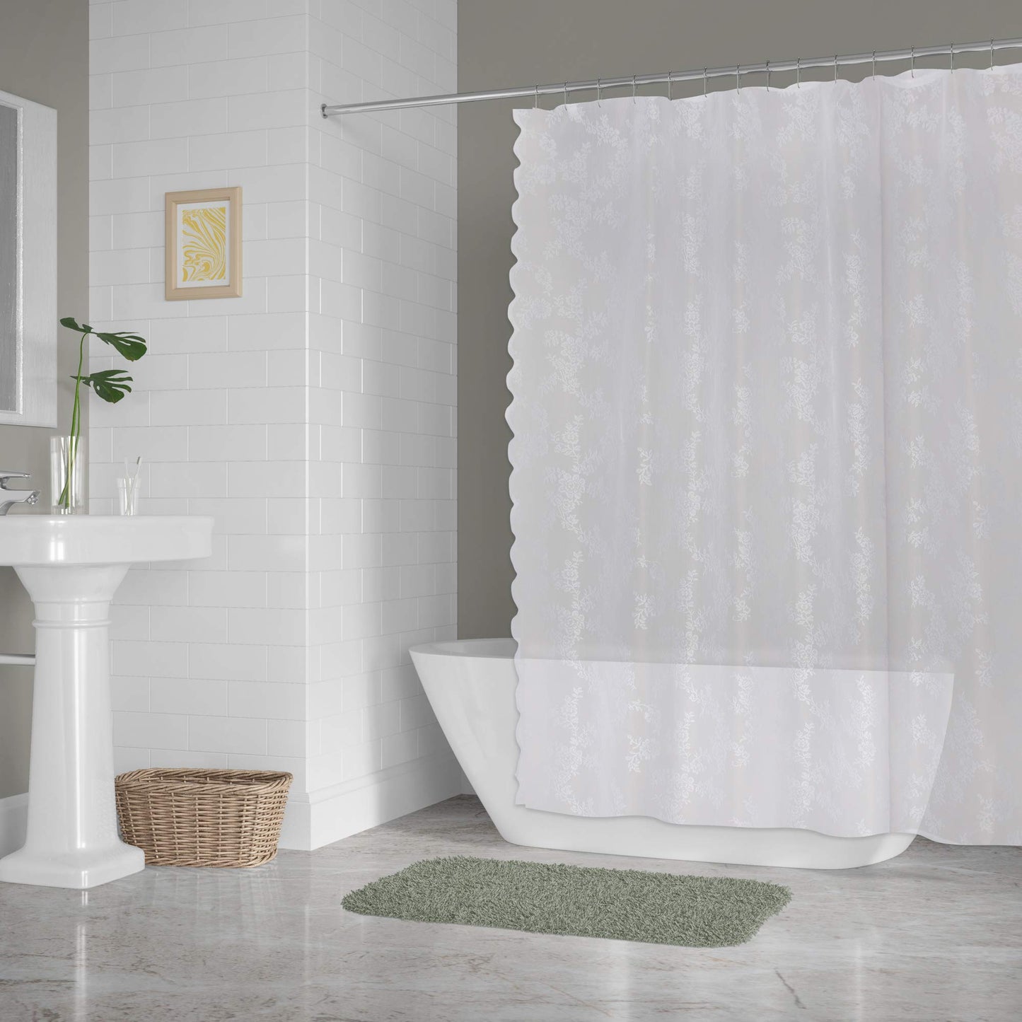 DII Translucent Lace Shower Curtain, 72x72, Flower Blossom White