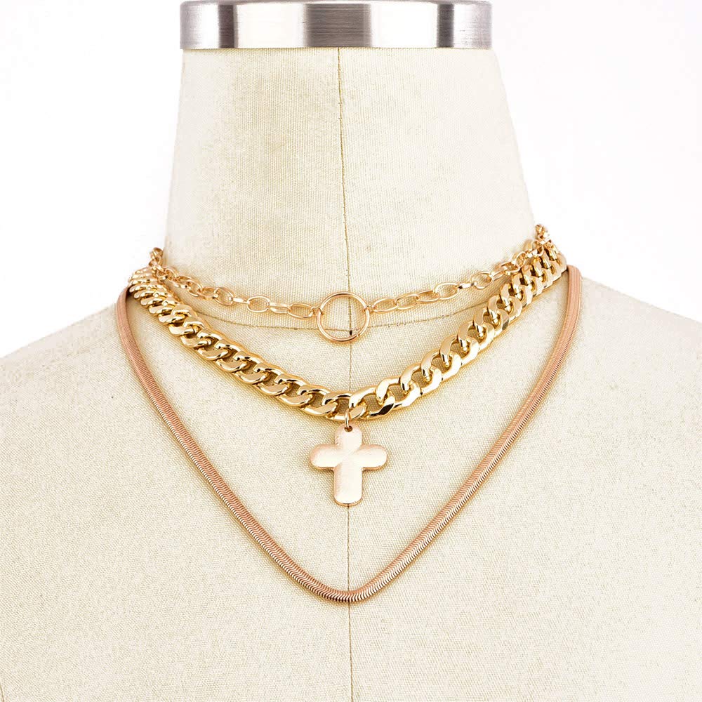 DoubleNine Ring Cross Choker Thick Gold Chain Choker 3 Layer Chain Curb Collar nNecklace for Women Girls