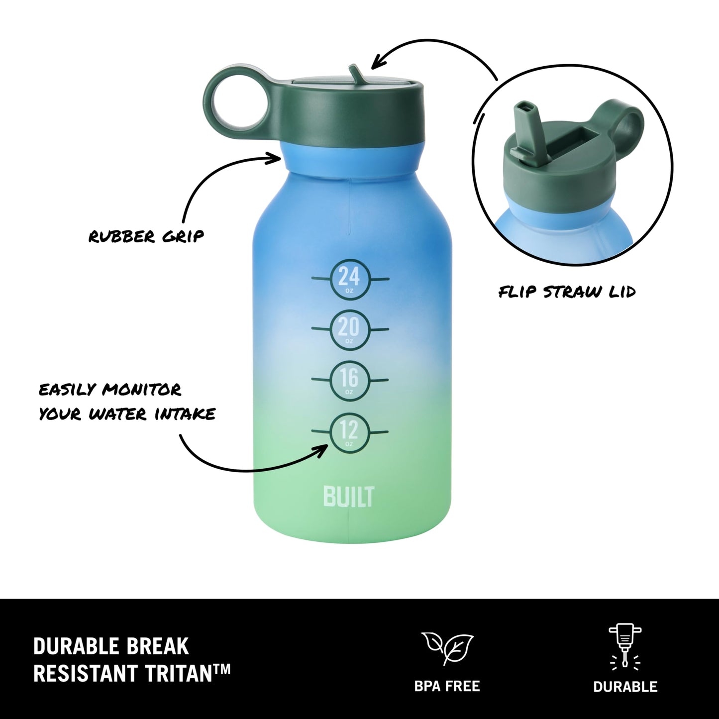 Built 32oz Single-Walled Motivational Bottle with Straw Lid, Sea Glass, Spill Resistant Travel Cup Keep Drinks Cold for Travel