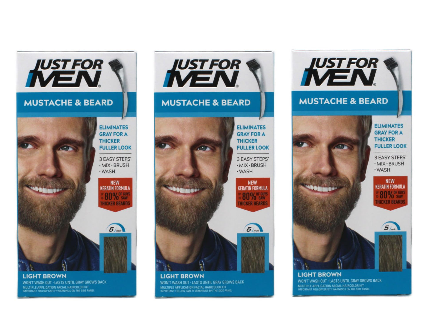 Just For Men Brush-In Color Gel, Mustache And Beard, Light Brown M-25, 1 Kit, (Pack Of 3)