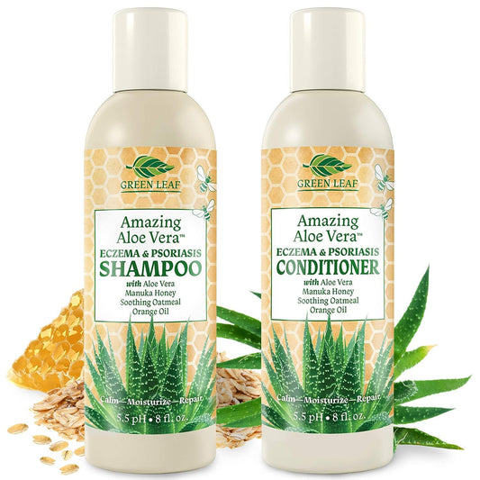 Eczema & Psoriasis Shampoo & Conditioner Set For Men & Women (2 Pack)-Aloe Vera & Manuka Honey for Gentle Itchy, Dry Scalp Treatment-Dandruff Beauty & Personal Care Green Leaf Naturals