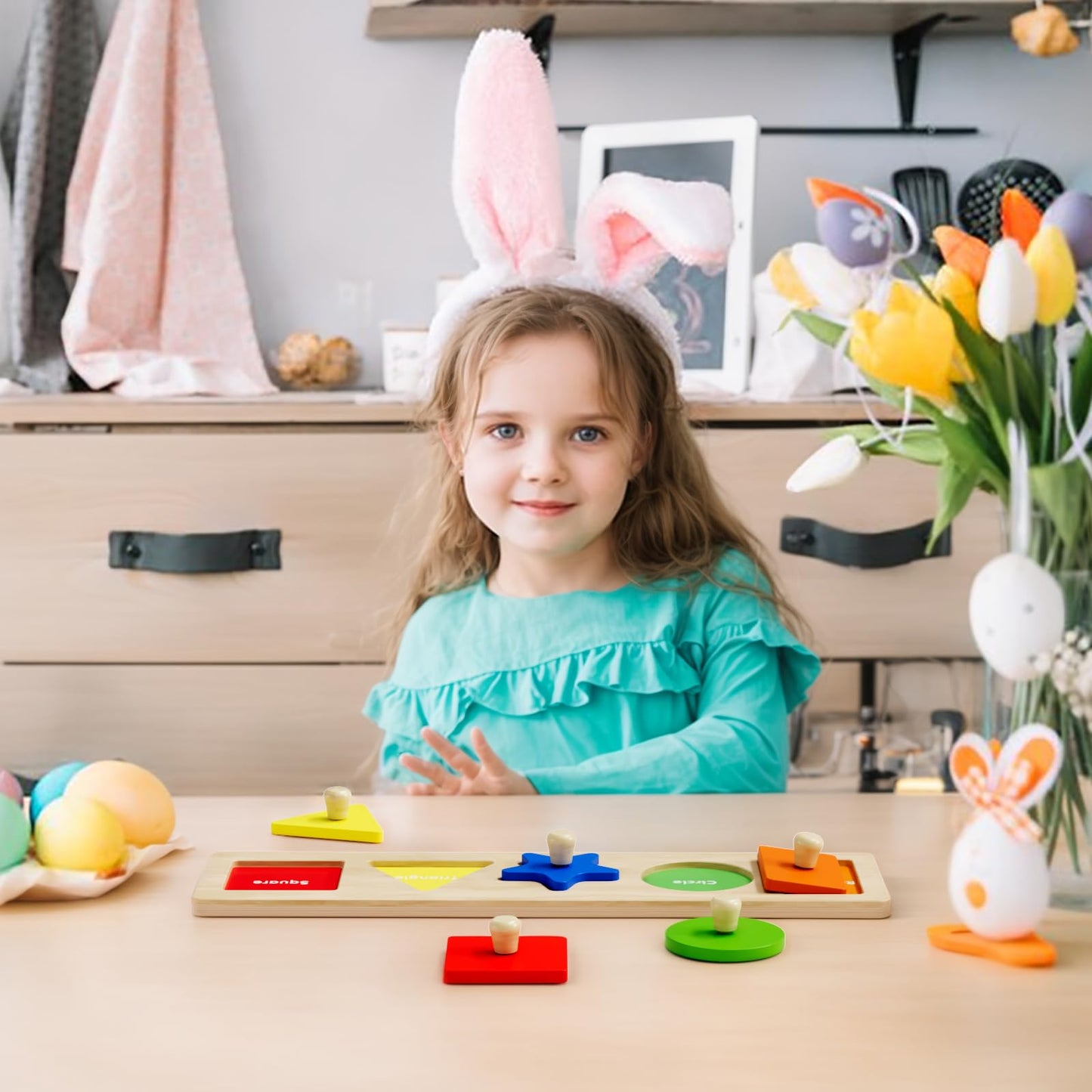 QODOFLR First Jumbo Knob Wooden Shape Puzzle – Montessori Sorting Toy for Toddlers Ages 1-3, Preschool Learning Peg Puzzle for Boys & Girls