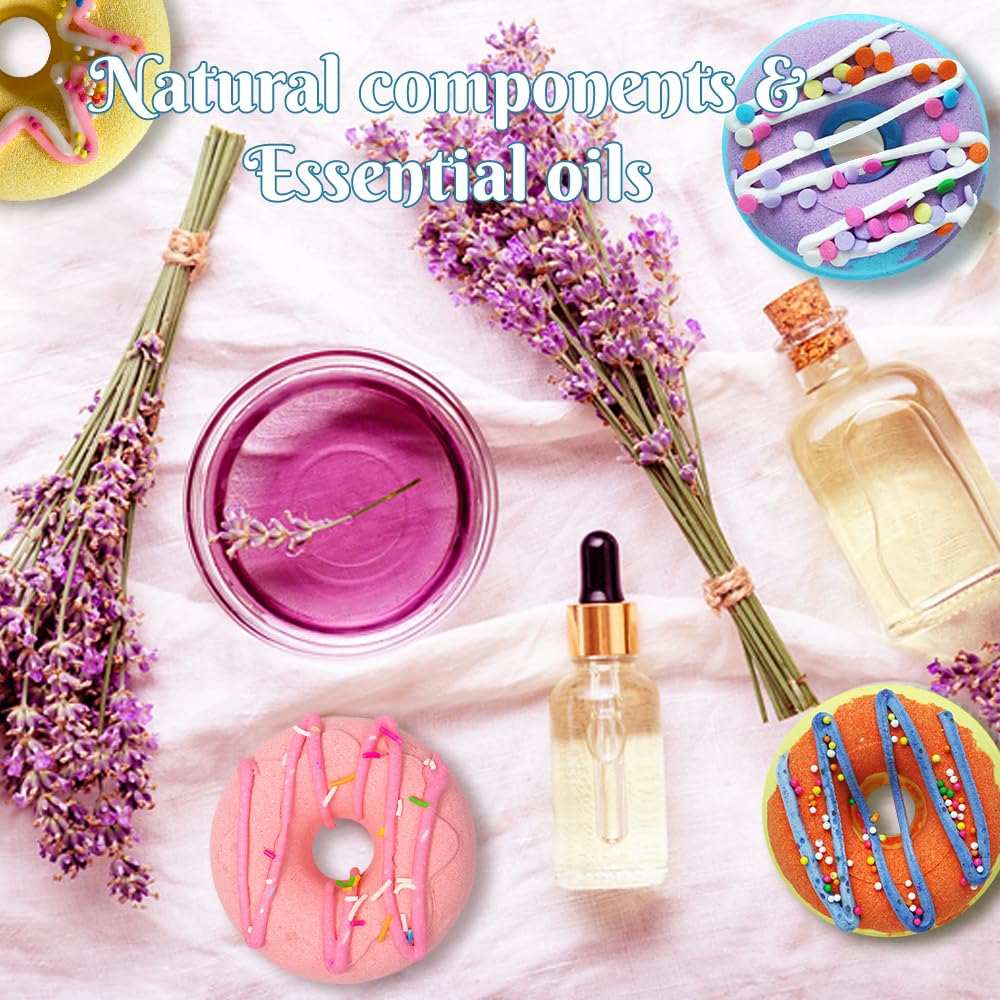 KAV Donut Bath Bombs Gift Set - 4 Piece Handmade Organic Bath Bomb Kit with Essential Oils - Relaxation Spa Gift for Women, Men, Teens, Kids - Self…