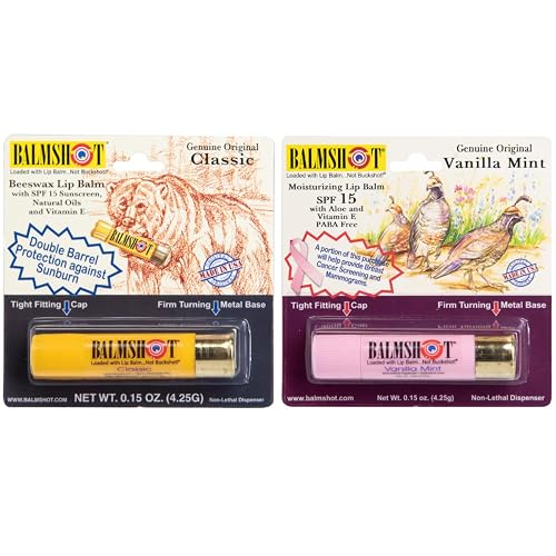 BALMSHOT Lip Balm (2-Pack) of Classic & Pure Pink Vanilla Mint - SPF 15, Beeswax Chapstick for Dry Chapped Lips, 20-Gauge Brass Shotgun Shell Tube