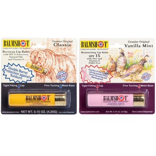 BALMSHOT Lip Balm (2-Pack) of Classic & Pure Pink Vanilla Mint - SPF 15, Beeswax Chapstick for Dry Chapped Lips, 20-Gauge Brass Shotgun Shell Tube