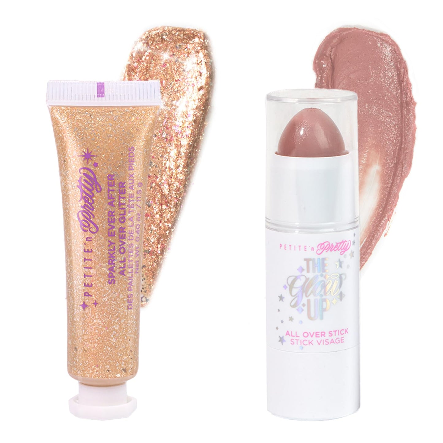 Petite N Pretty Glitter Makeup Set - Shimmering for Eyes, Cheeks, and Body - Glow Up Stick & All-Over Glitter in Pink Sherpa Bag for Kids, Teens