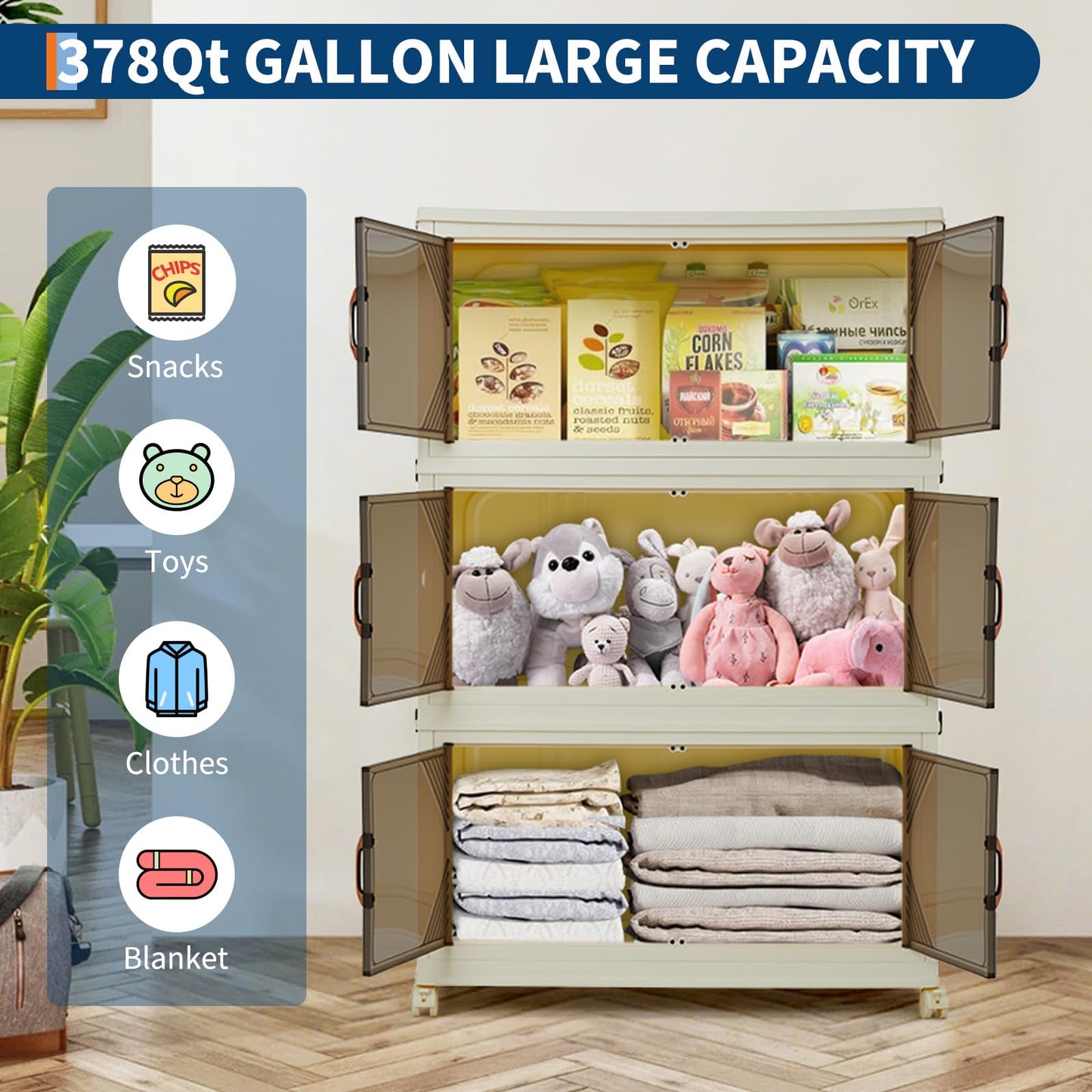 Garvee 378QT Stackable Storage Bins, Plastic Bins for Storage with Lids, Plastic Storages Drawers with Magnetic Doors & Wheels, Foldable Collapsible…