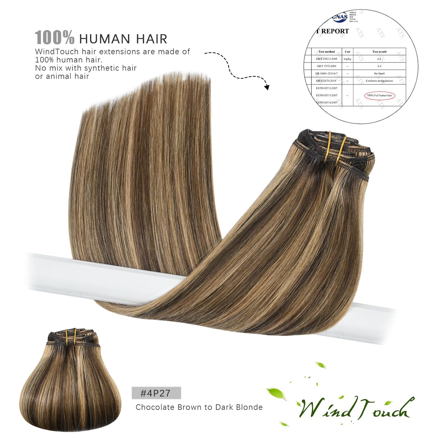WindTouch Clip In Hair Extensions Human Hair Chocolate Brown to Dark Blonde Balayage Remy Hair 18Inch 75g #4p27 7PCS