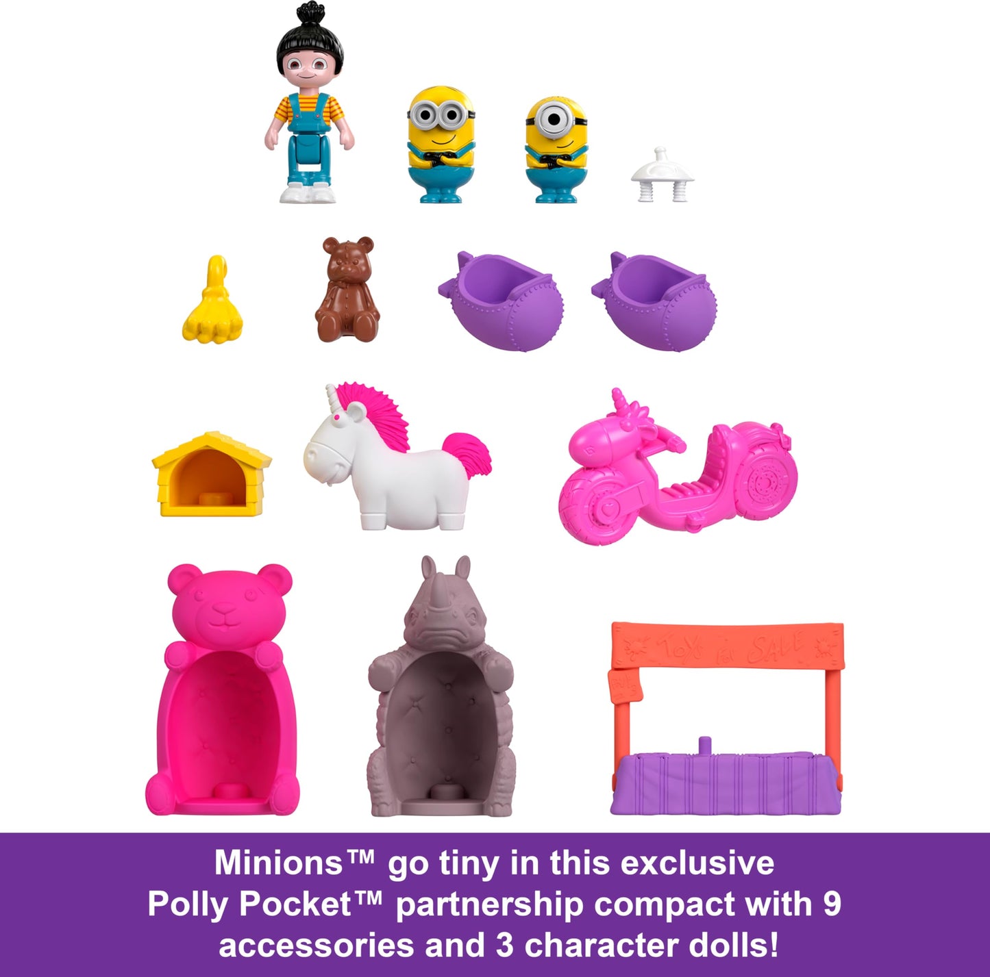 Polly Pocket & Minions Playset with 1 Doll, 2 Minions Figures & Fluffy The Unicorn Toy, Collectible Compact with 9 Accessories