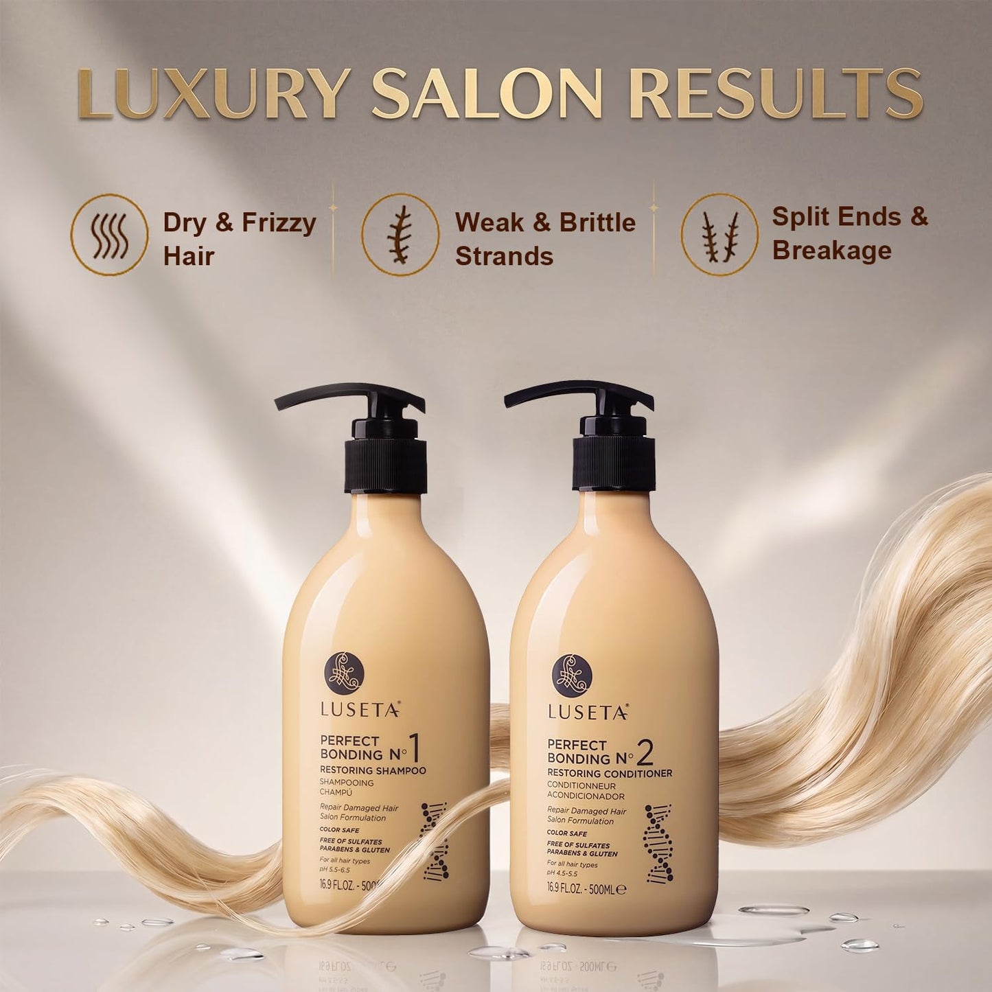LUSETA Bond Repair & Revitalizing Shampoo and Conditioner Set for Chemically Damaged Hair. Deep Moisture to Smooth Frizz & Add Shine. Strengthens Hair