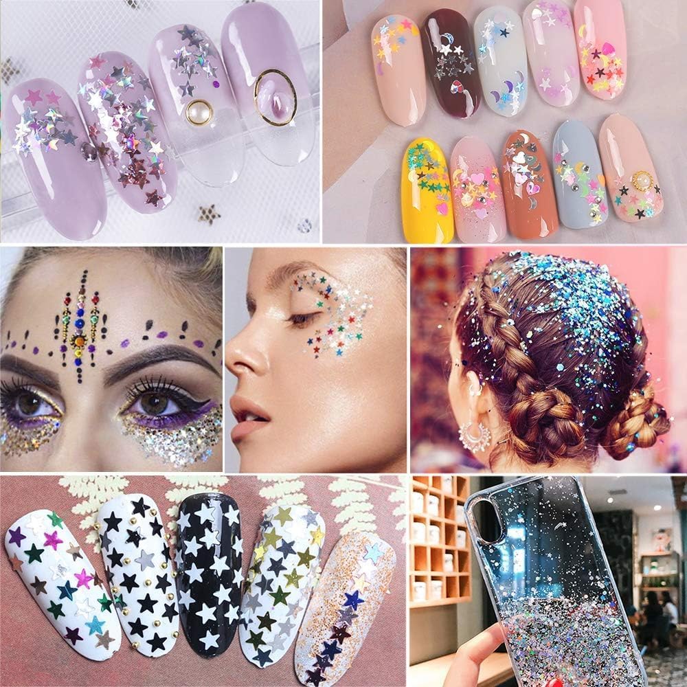 EBANKU Star Glitter Confetti, 24 Boxes Holographic Sequins 3D Laser Nail Art Flakes Colorful Nail Glitter Manicure Decals Nail Decoration