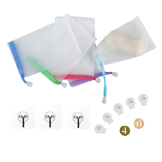 40PCS Exfoliating Soap Mesh Saver Pouch Bag and 3 PCS Transparent Hook and 5 PCS Transparent Spring Cord Plastic Lock for Shower Face Washing,Easy