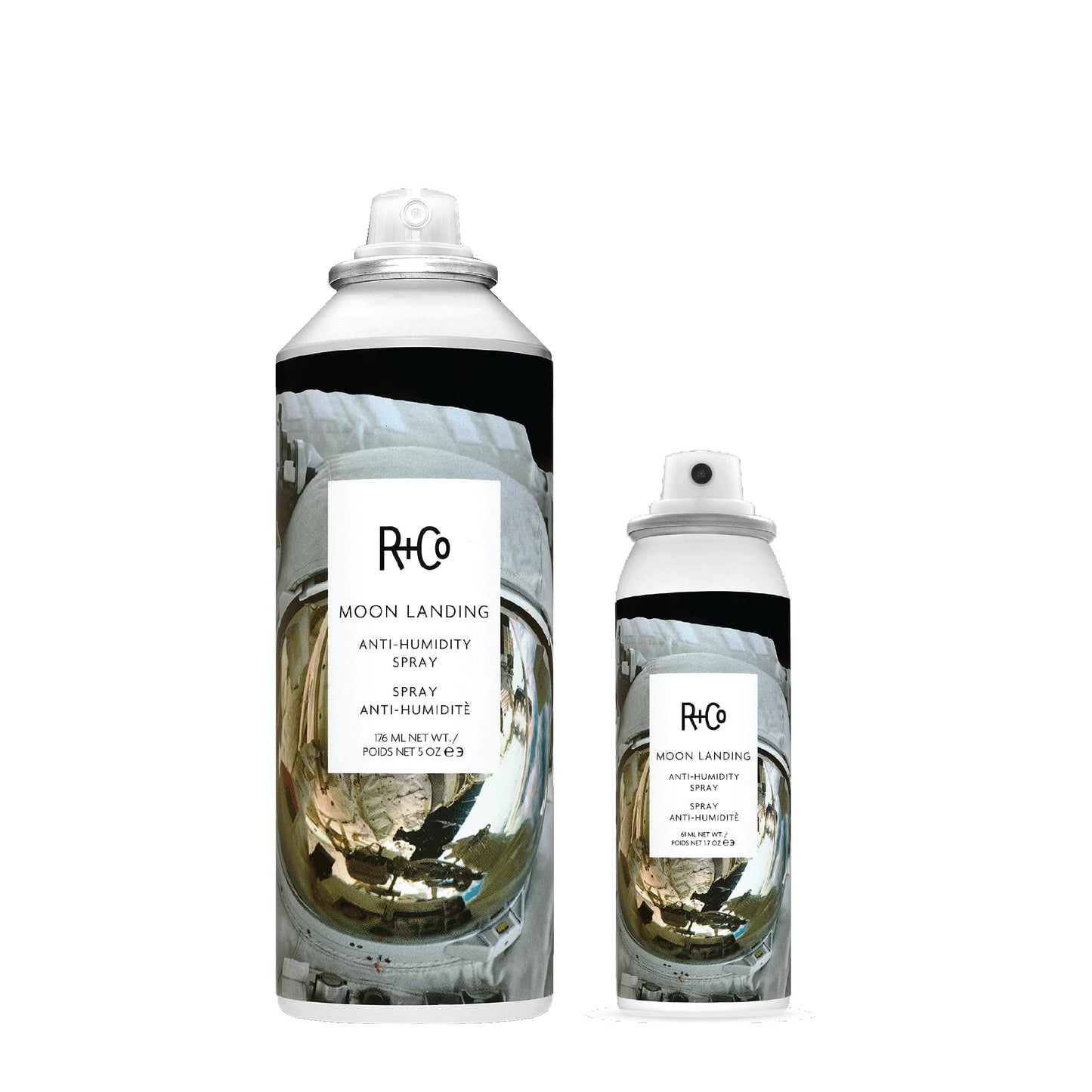 R+Co Moon Landing Anti-Humidity Spray Set | Controls Frizz, Tames Flyaways & Adds Satin Finish | Vegan + Cruelty-Free | 5oz + 1.7oz
