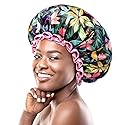 mikimini Large Shower Cap for Women Long Hair, Rainforest Bath Shower Caps with Pink Lace, Reusable Waterproof Shower Hat for Girls