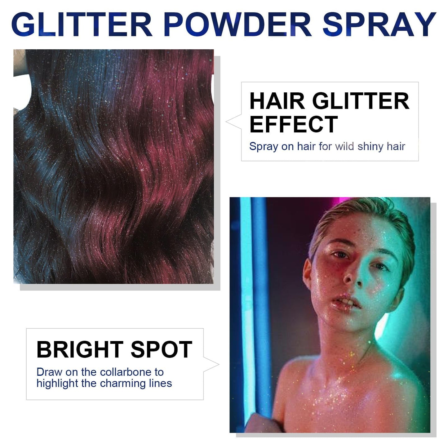 HANYWIL Body Glitter, Glitter Spray for Hair and Body, Spray, Hairspray Clothes, Long-Lasting Shimmer Suitable Stage, Festival Rave Makeup Prom