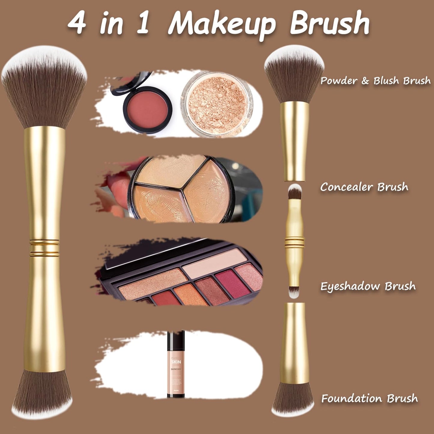 Voxora 4 in 1 Makeup Brush Set - All in One Powder/Blush, Foundation, Blending & Eyeshadow Brushes, Compact & Travel Essential
