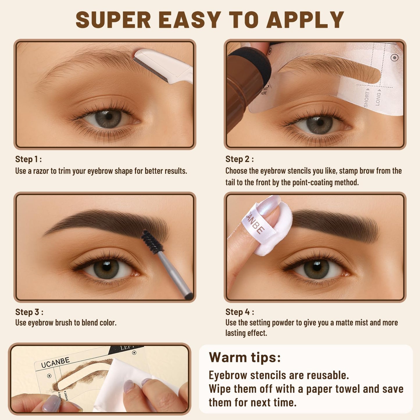UCANBE 25PCS Eyebrow Stamp Stencil Kit With Dual-Color Eyebrow Stamp Pomade,20 Reusable Eyebrow Stencils,Finising Powder,Brush,Eyebrow Razor,Zipper Beauty and Personal Care UCANBE