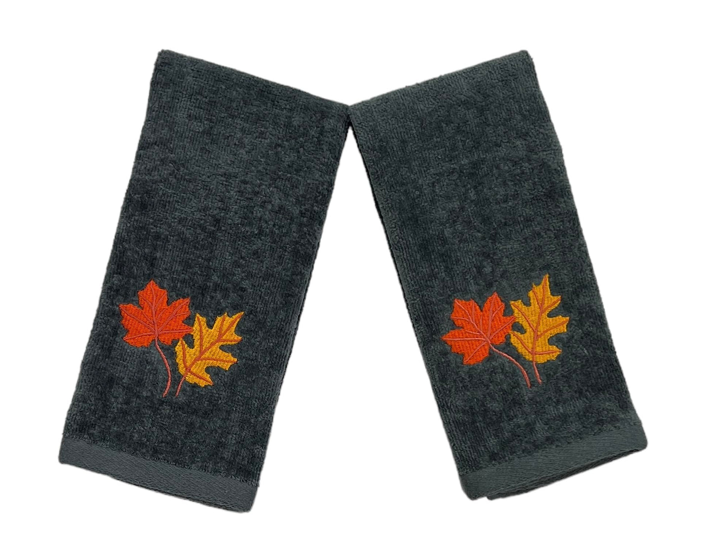 Serafina Home Harvest Fall Tip Towels: Plush Dark Grey Gray Cotton Towels with Autumn Leaf Design Set of 2, 12" x 18" Inch