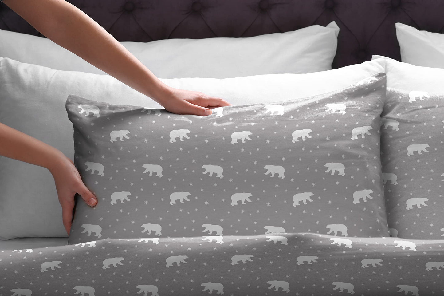 Pointehaven Flannel Deep Pocket Set with Oversized Flat Sheet, Queen, Polar Bear