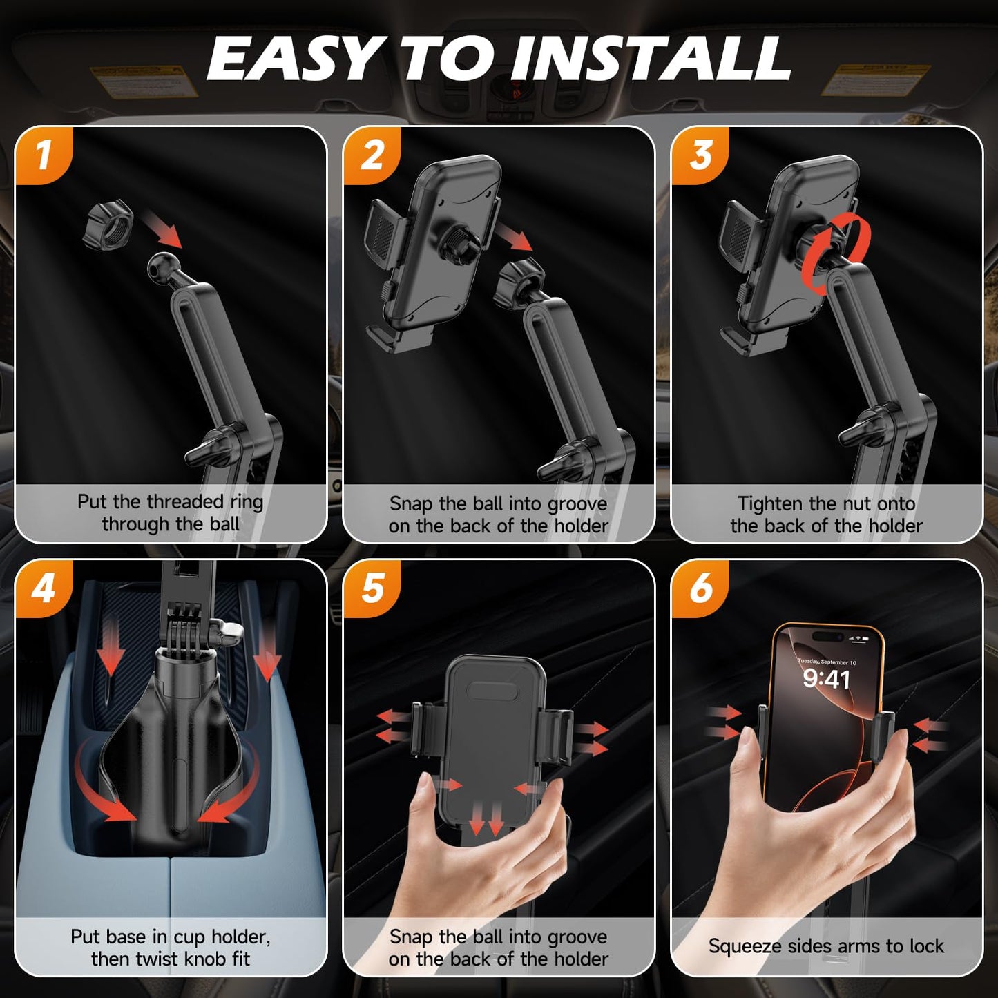 AUNC Phone Holders for Your Car,2 in 1 Car Phone Holder with Two Adjustable Bases,Long Arm with 360°Rotation Cup Phone Holder for Car Compatible…