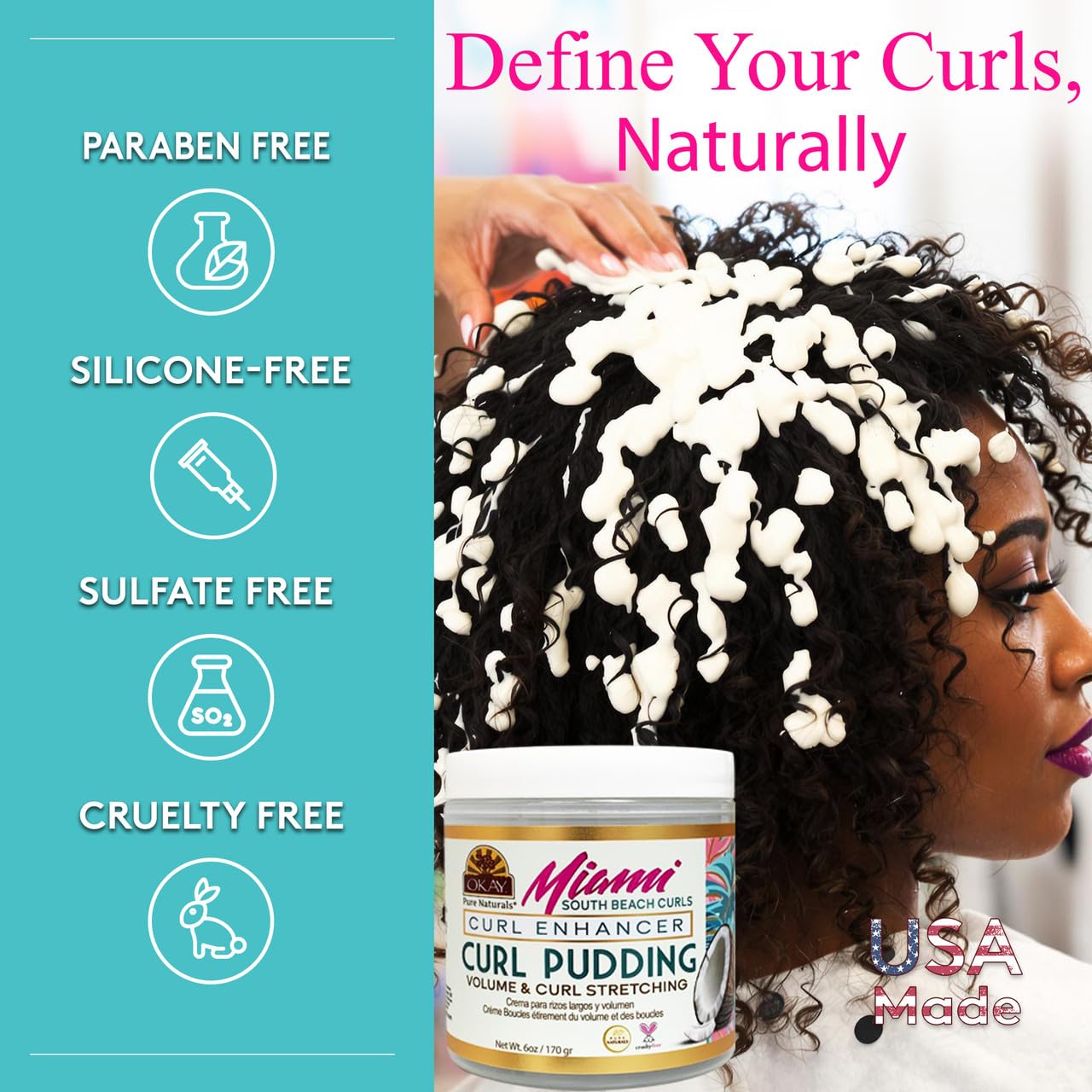 OKAY Miami South Beach Curls Curl Enhancer Curl Pudding 6 oz - Moisturizing Curl Defining Cream for Curly, Coily & Wavy Hair - Frizz Control, Deep