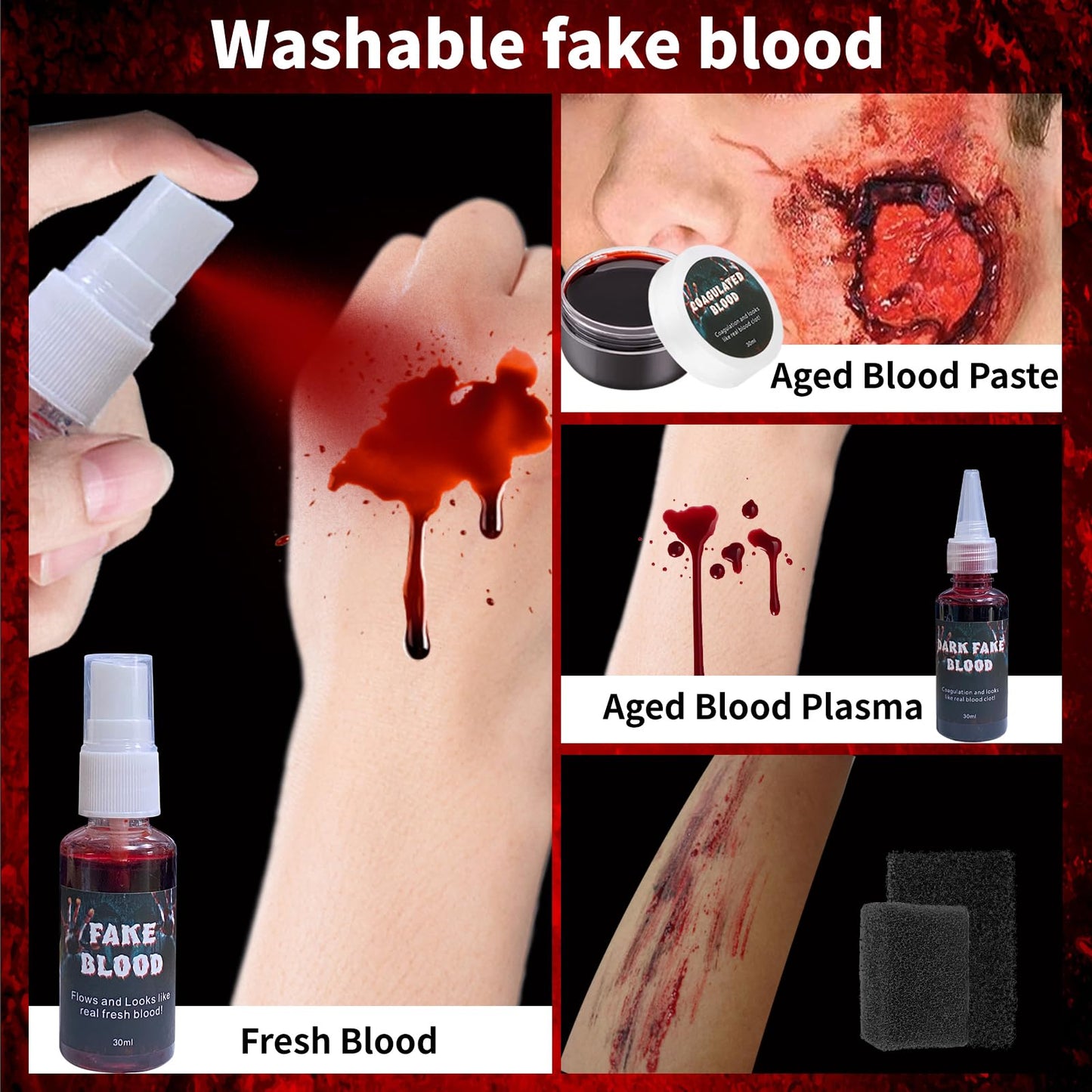 5PCS Halloween Fake Blood Kit, Fake Blood Spray, Fake Blood for Clothes, Suitable for Vampires, Zombies, Horror Costumes