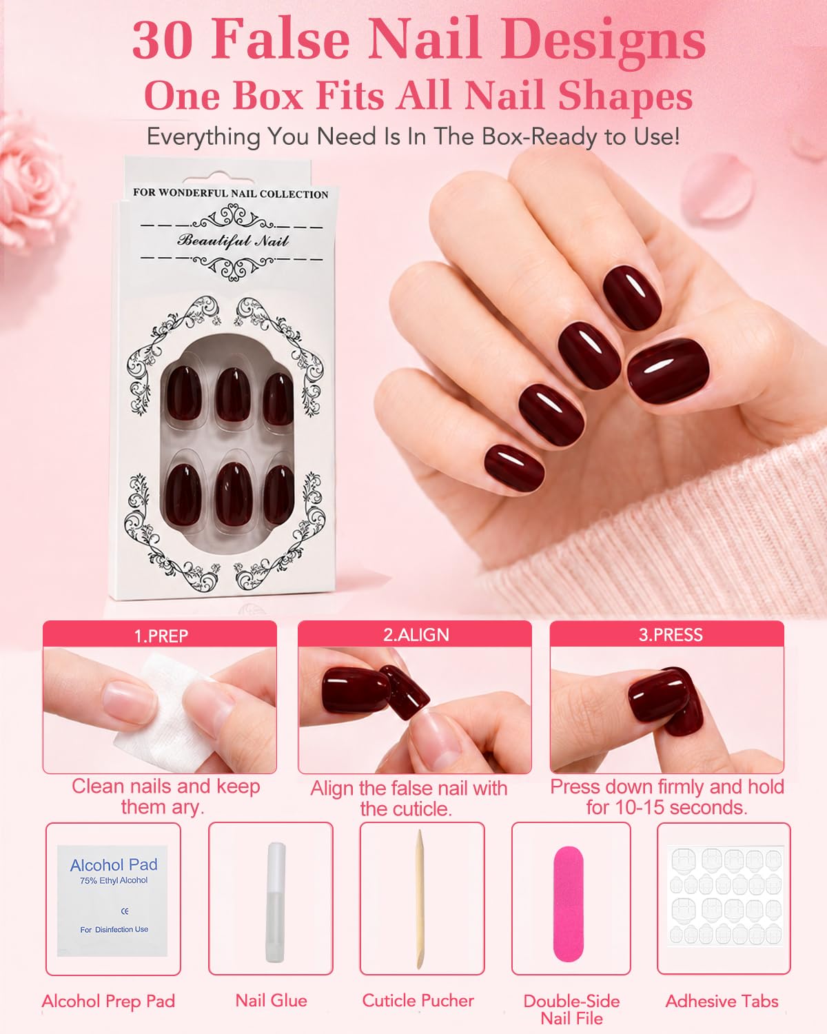 Skiennix Press on Nails Short,30 Pieces Burgundy Oval Fake Nails Reusable Stick Kit with Glue, Mini Nail File, 15 Sizes Soft Glue on Nails Natural Beauty & Personal Care Skiennix