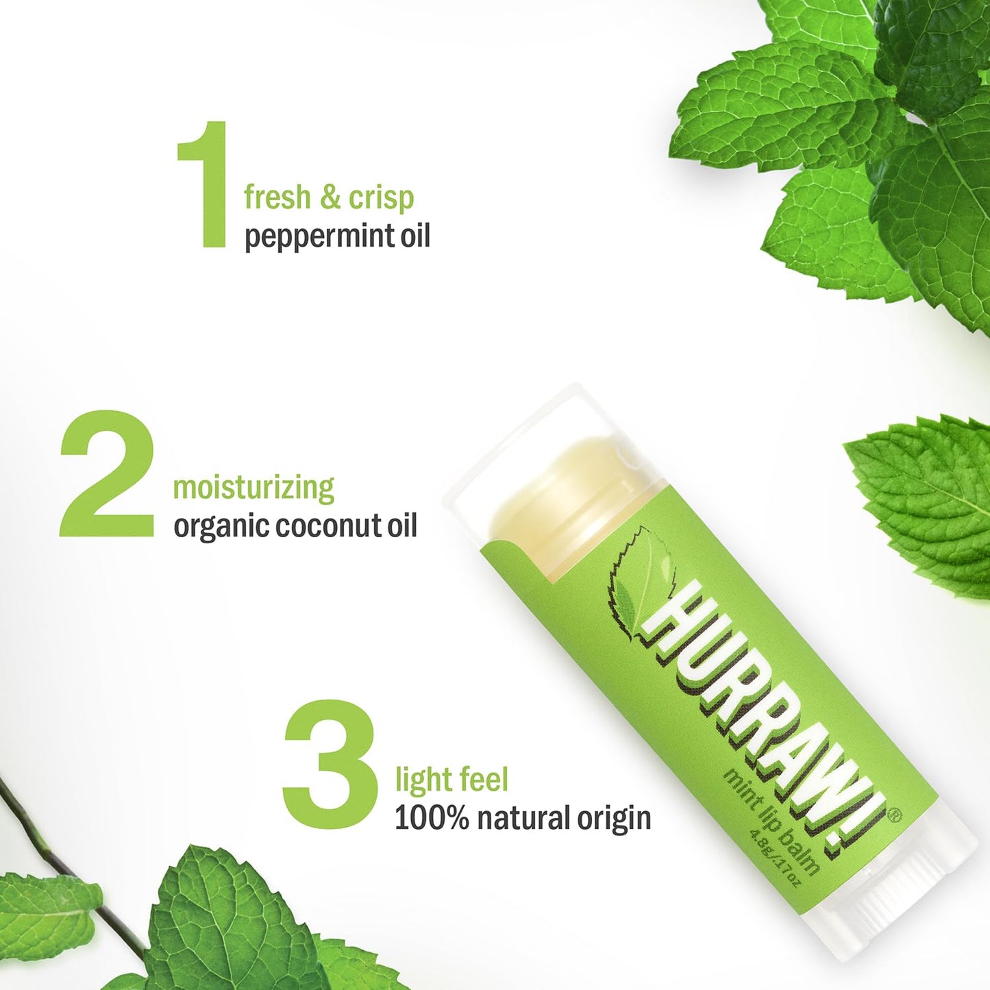 Hurraw! Mint Lip Balm, 3 Pack: Organic, Certified Vegan, Cruelty and Gluten Free. Non-GMO, 100% Natural Ingredients. Bee, Shea, Soy and Palm Free.