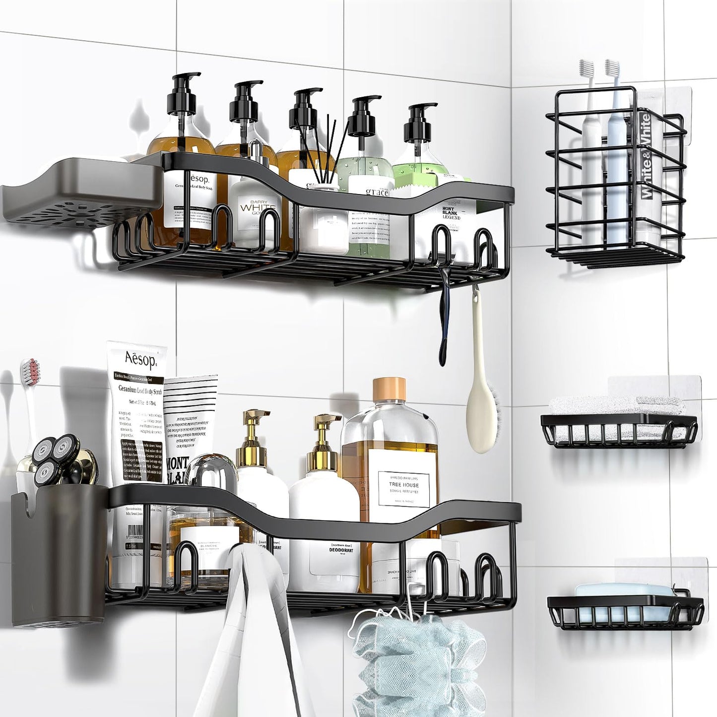NESOMI 7-Pack Adhesive Shower Caddy – Rustproof No-Drill Bathroom Organizer with Shelves, Soap Dish, Toothbrush Holder & Hooks