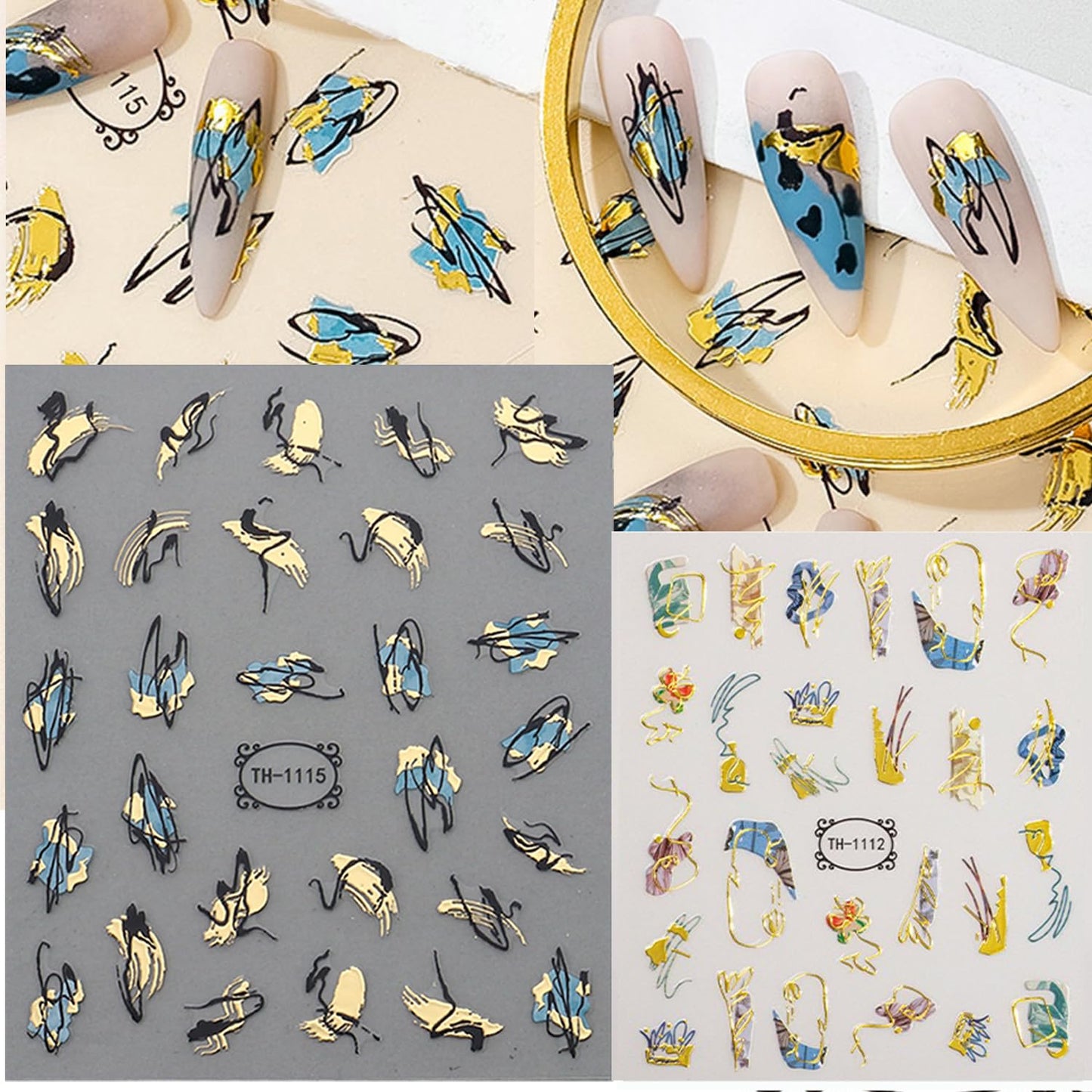 12 Sheets Graffiti Nail Art Stickers 3D White Black Gold Stripe Line Nail Decals Self-Adhesive Abstract Marble Wave Flower Leaf Stickers for Nail DIY