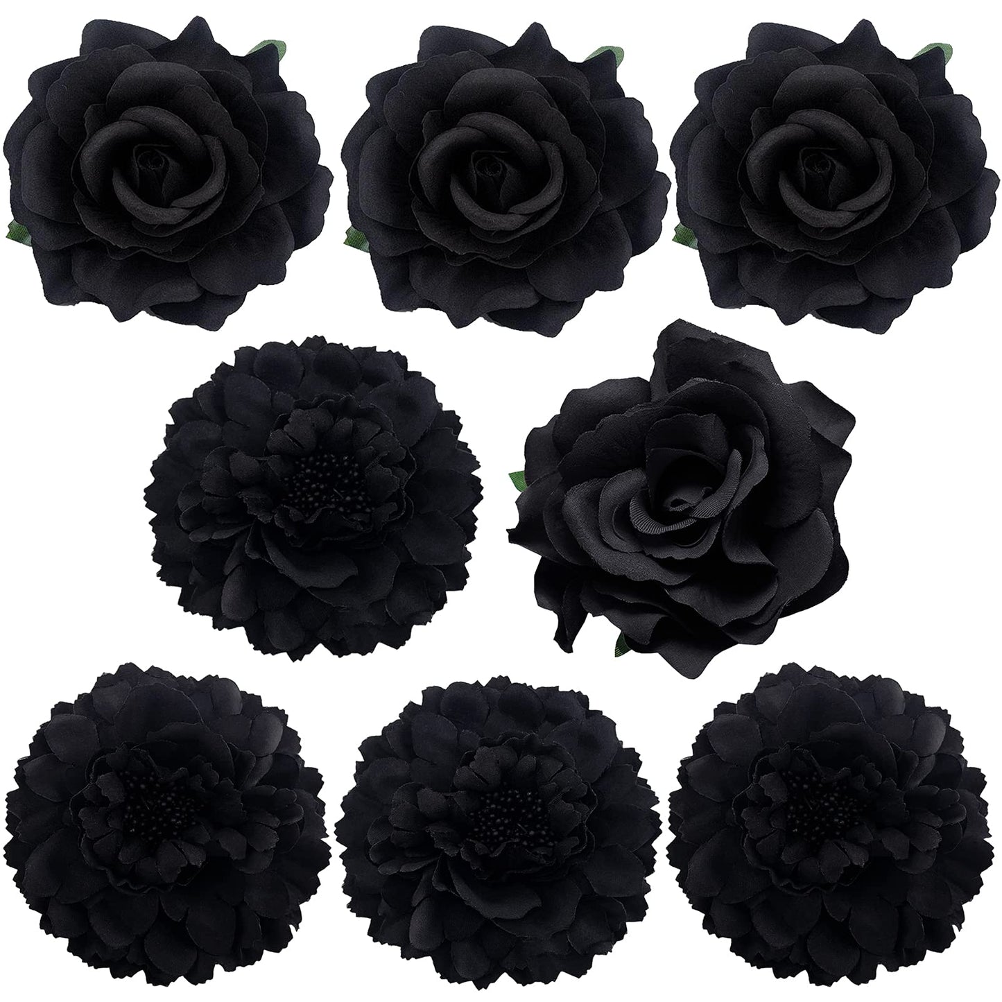 Large Floral Hair Accessory Set - Includes 4 Peony and 4 Rose Barrette Hair Clips for Flamenco Dance, Beach Party, Wedding (Black)
