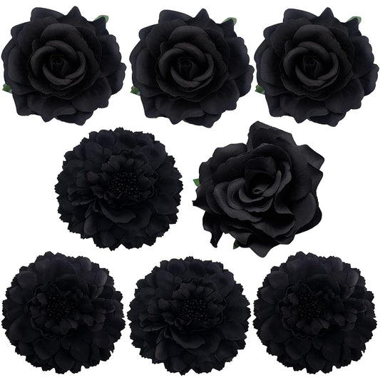 Large Floral Hair Accessory Set - Includes 4 Peony and 4 Rose Barrette Hair Clips for Flamenco Dance, Beach Party, Wedding (Black)