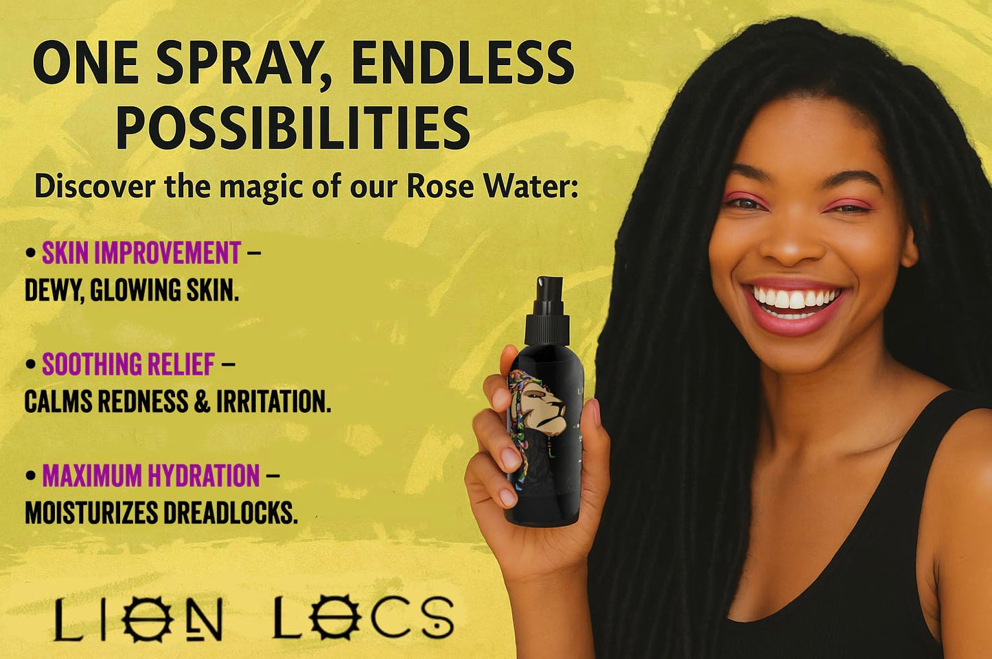 Lion Locs Rosewater Spray for Dreads, Dreadlocks, Braids, Faux Locs, Crochet Locs, Sisterlocks with Aloe, Essential Oils, Vitamins, and Glycerin