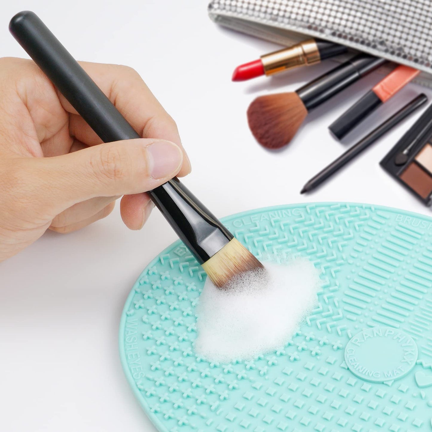 Ranphykx Makeup Brush Cleaner Mat, Silicone, Big Size, Green, Cleaning Pad with Suction Cup, Make Up Brush Cleaner