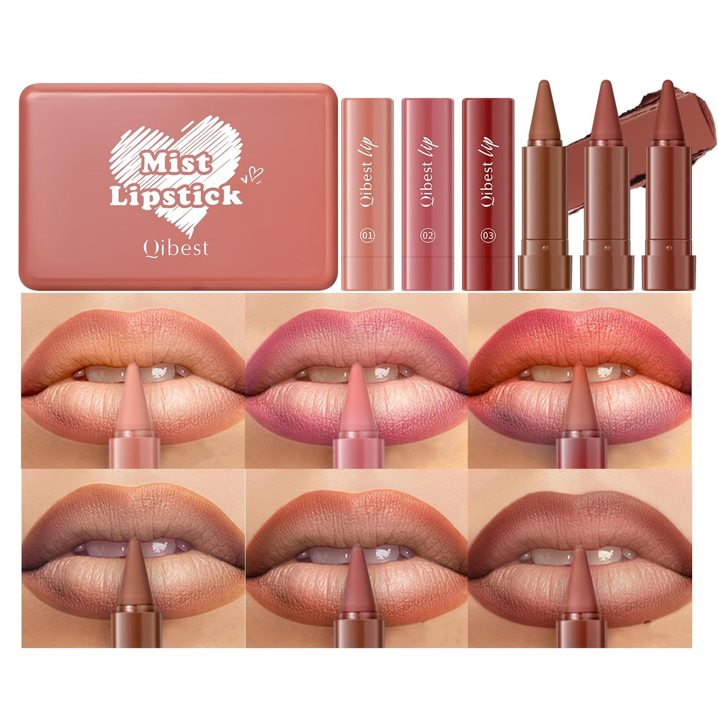 6 Pcs Gradient Lip Liner and Lipstick Combo Set - 2-in-1 Ombre Lipstick & Brown Lip Liner Duo - Waterproof, Long-Lasting, Matte Finish - Smudge-Proof Beauty and Personal Care Beauty Glazed