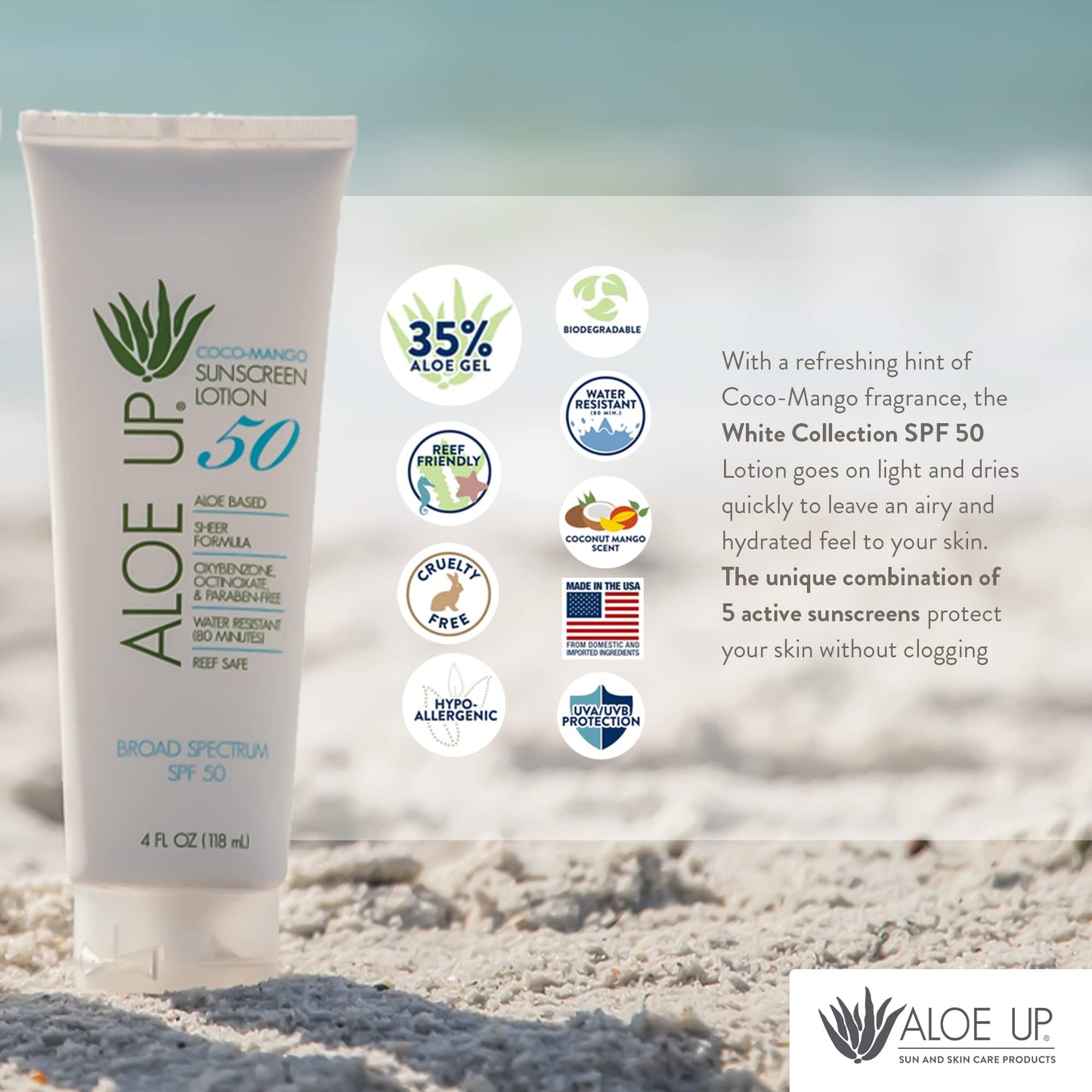 Aloe Up SPF 50 Sunscreen for Sensitive Skin – Broad Spectrum Face & Body Sunblock with Aloe Vera, Reef-Safe, Hydrating Coco-Mango, 4oz