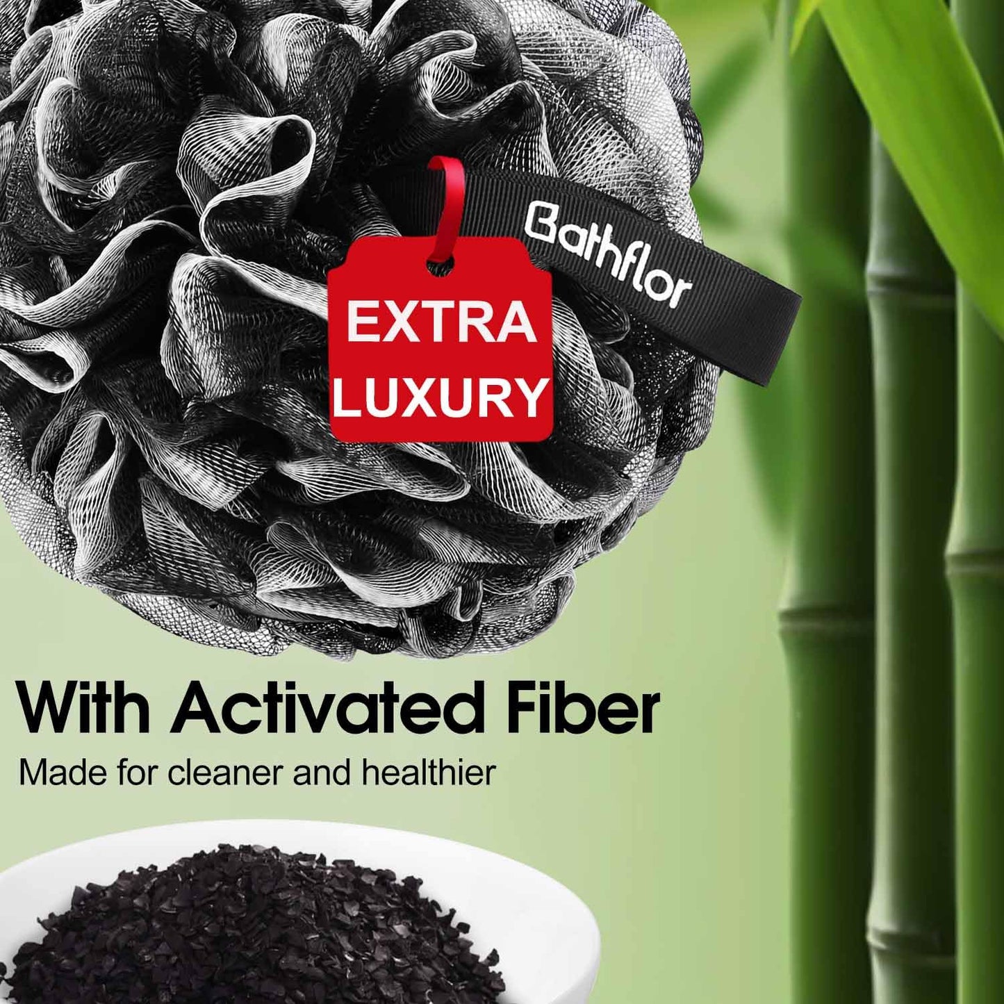 Bathflor Loofah Sponge Exfoliating Body Scrubber: 4PCS Extra Large 80g Shower Loofahs Poufs, 1PCS Long Handle Loofa Back Scrubber, 1PCS Luffa Hook