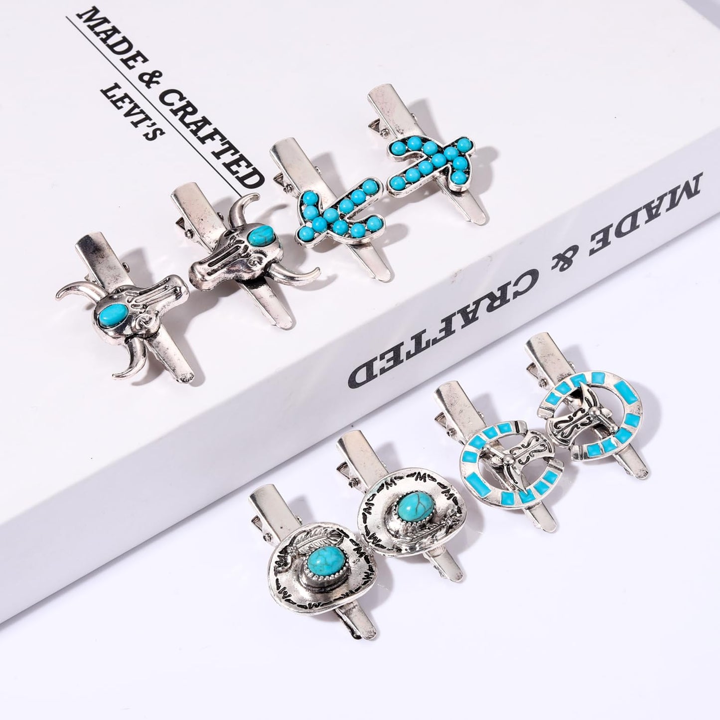 Western Cowboy Cowgirl Boot Hat Hair Clips - 8PCS Vintage Turquoise Star Lightning Cactus Hairpins - Women's Hair Accessories (Pattern A)