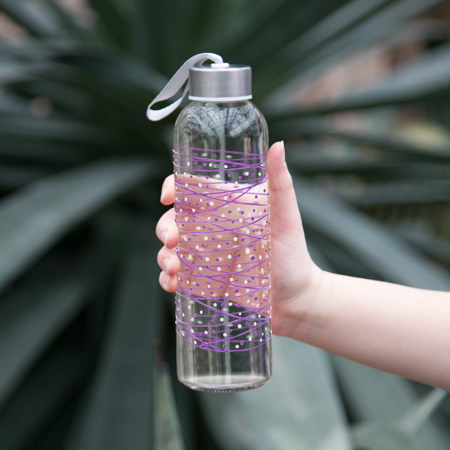 Pavilion Gift Company 16.5 Oz Hand Decorated Glass Water Bottle With Sealed Metal Twist Off Lid Purple & White Polka Dot Tangle, Purple