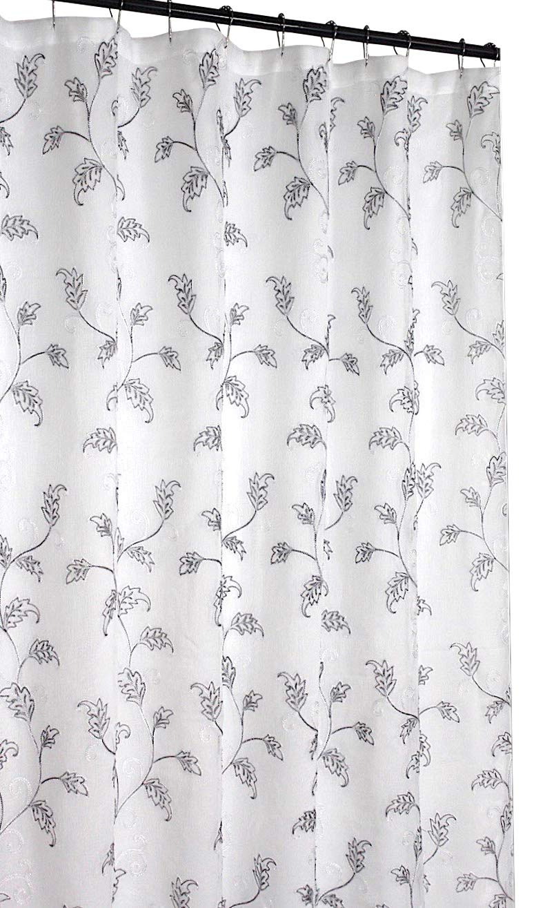 SERAFINA Decorative Sheer Fabric Shower Curtain: Two Toned Grey and White Embroidered Leaves with Metallic Threading (White/Grey) 70 x 72