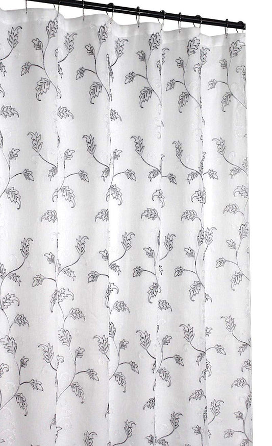 SERAFINA Decorative Sheer Fabric Shower Curtain: Two Toned Grey and White Embroidered Leaves with Metallic Threading (White/Grey) 70 x 72