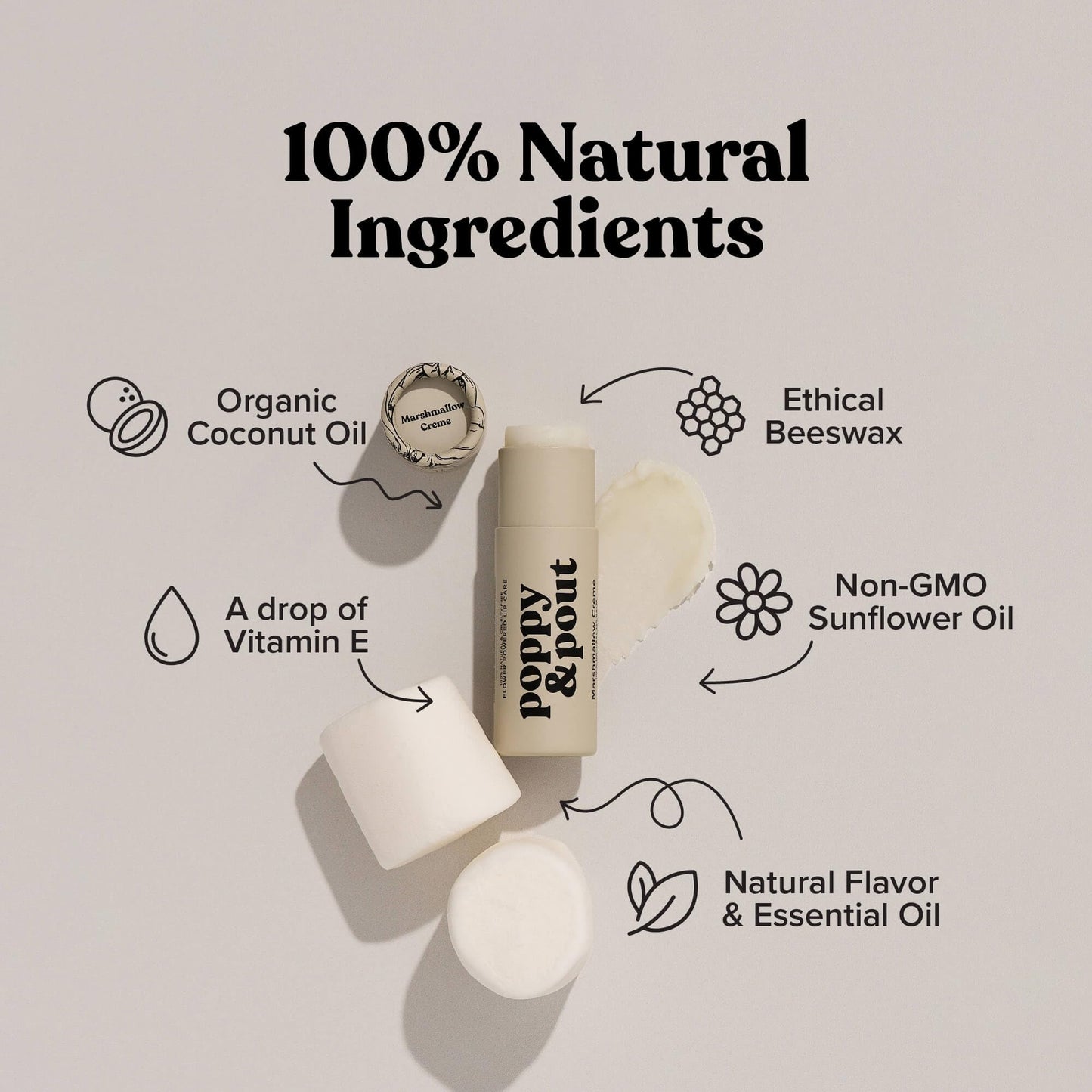 Poppy & Pout Marshmallow Creme Jumbo Lip Balm | All Natural Lip Balms & Moisturizers | Hydrates with Beeswax, Vitamin E, Organic Coconut Oil |