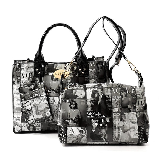 AMY&JOEY Glossy magazine cover collage crossbody bag purses Michelle Obama mini handbag (GREY/BLACK) Fashion AMY&JOEY