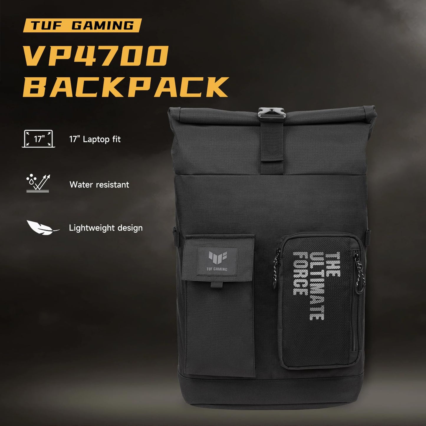 ASUS TUF Gaming VP4700 Backpack, up to 17" laptop, with top folded closure to resize, light weight and durable water repellent for daily usage