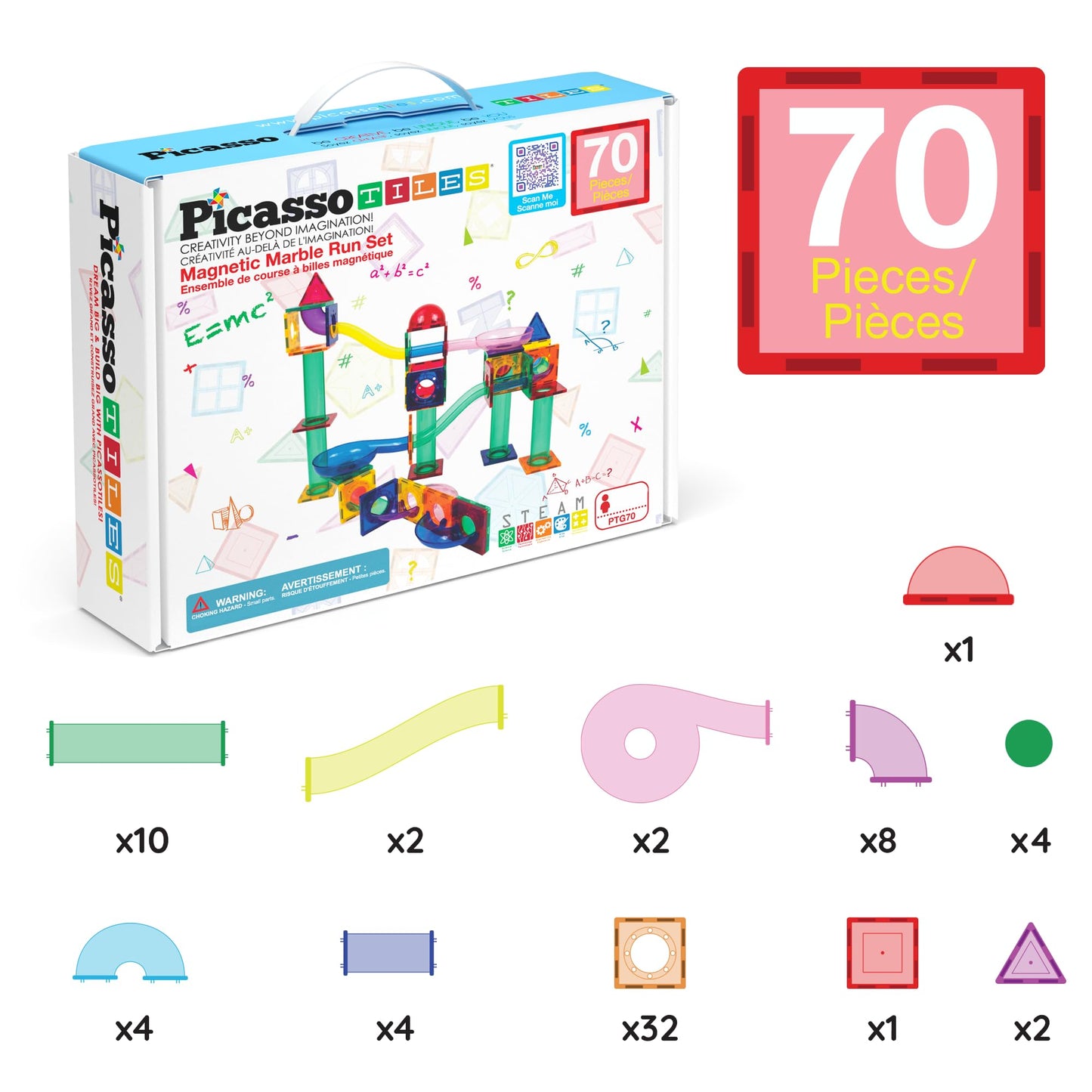 PicassoTiles 70pcs Marble Run Magnetic Tiles – STEM Building Set with Marbles for Kids Ages 3+, Educational Brain Development Toy PTG70