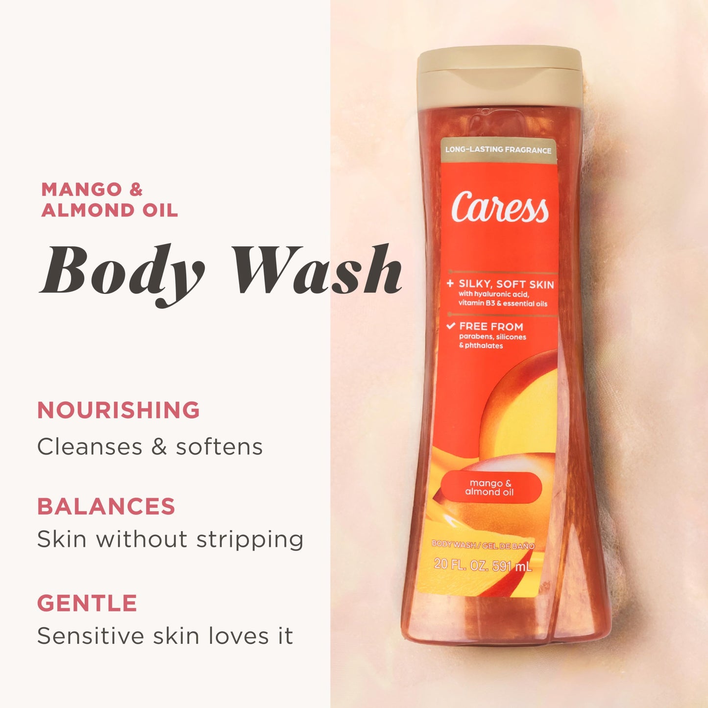 Caress Mango & Almond Oil Body Wash, 20 fl oz, 4 Pack