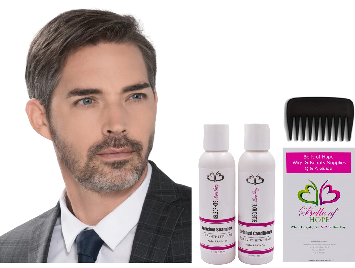 JAY Lace Front 100% Hand-Tied Heat Friendly Synthetic Toupet by Ellen Wille, 5PC Bundle: Toupet, 4oz Mara Ray Luxury Shampoo & Conditioner, Comb