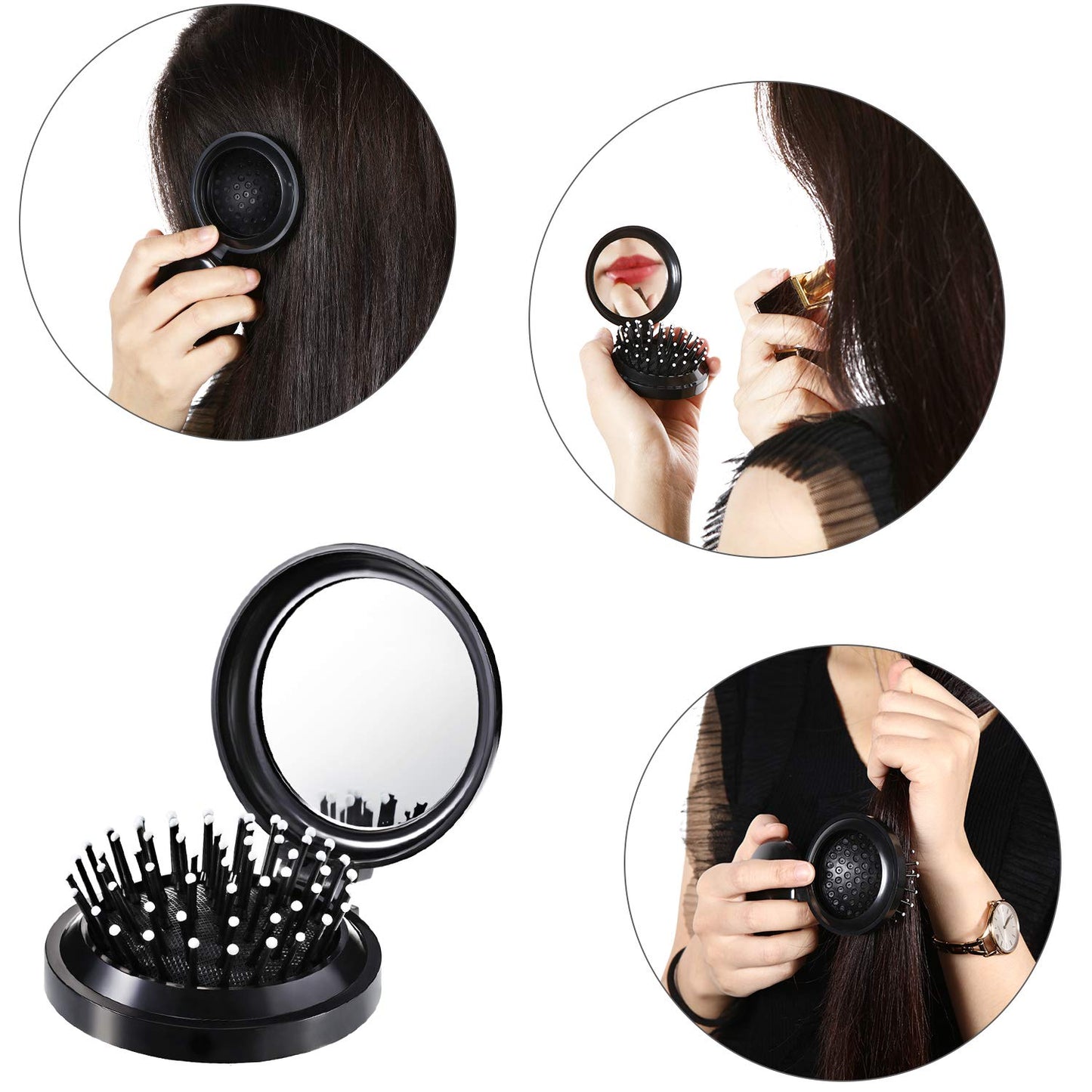 Boao 2 Pack Foldable Travel Mirror Hair Brushes Round Portable Folding Pocket Hair Brush Mini Comb Compact Travel Size Massage Comb for Men