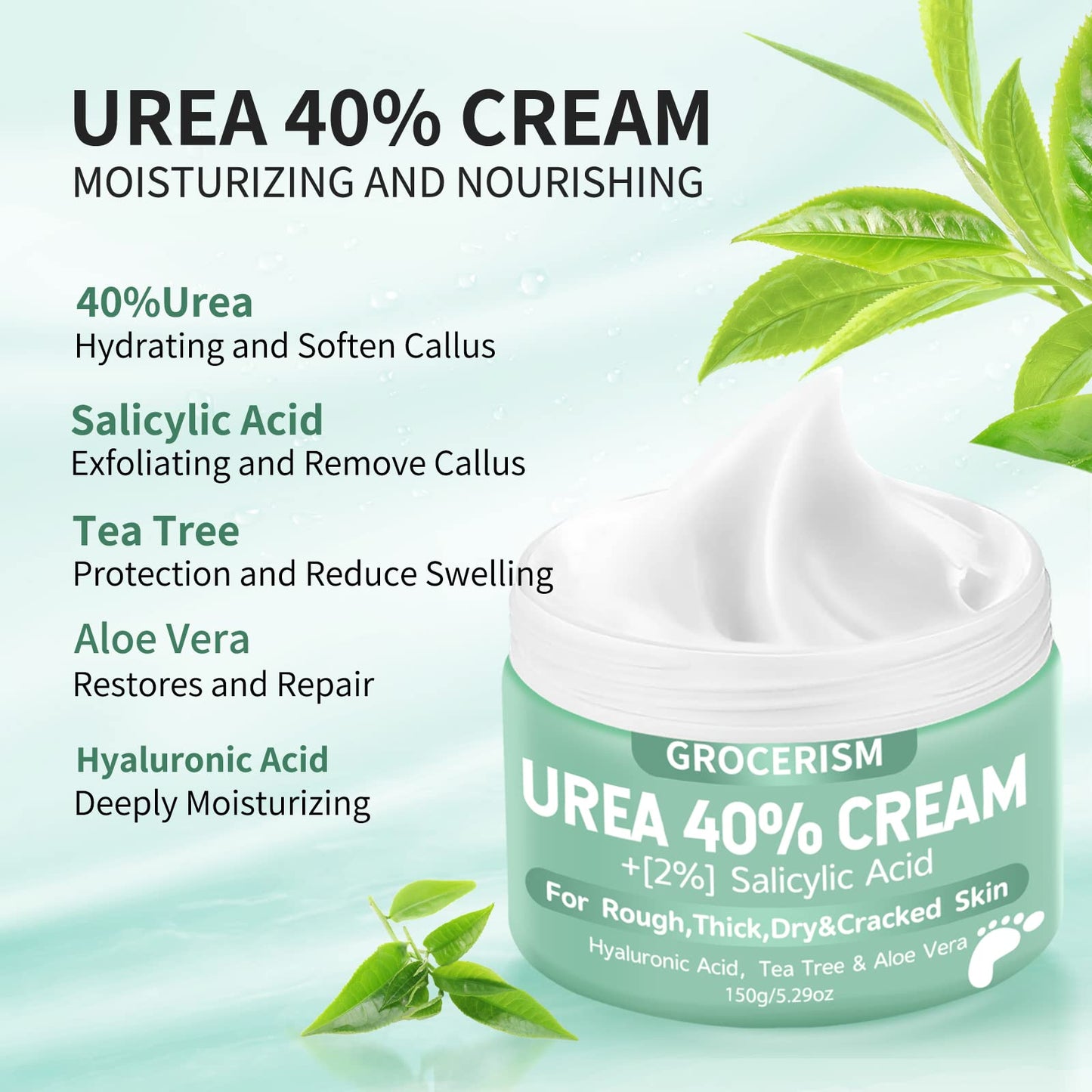 Grocerism Urea Cream 40 Percent For Feet Plus 2% Salicylic Acid 5.29 oz || Foot Cream and Hand Cream Maximum Strength with Hyaluronic Acid,Tea