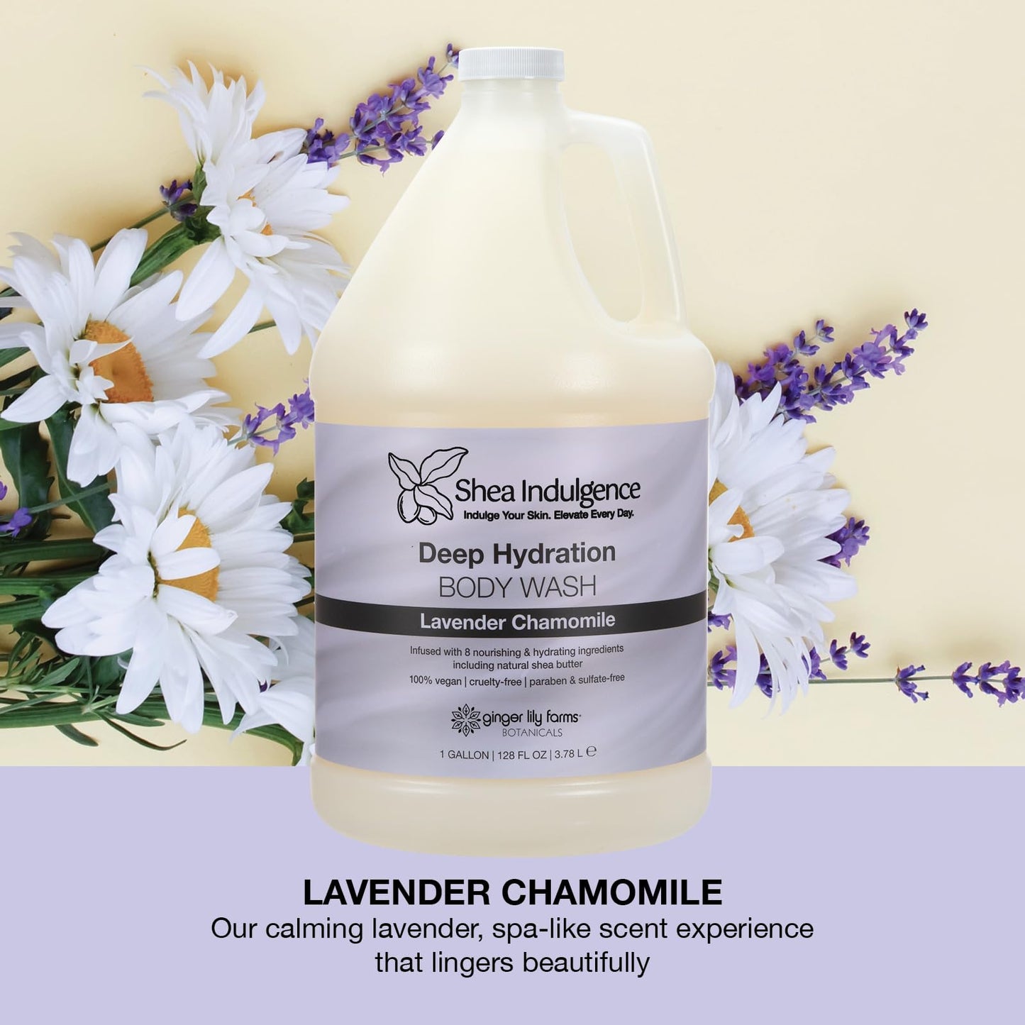 Ginger Lily Farms Botanicals Shea Indulgence Deep Hydration Body Wash, 100% Vegan & Cruelty-Free, Lavender Chamomile Scent, 1 Gallon (128 fl oz)
